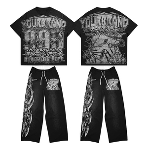 เสื้อยืดและกางเกงวอร์มพิมพ์โลโก้ตามสั่ง ผ้าคอตตอนหนา 100% 300 GSM ชุดเสื้อยืดเจอร์ซีย์สำหรับทุกเพศ - Product Image 1