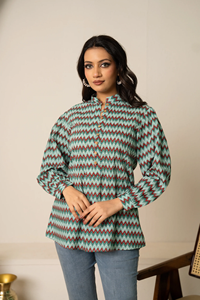 Tunique en coton imprimée zigzag rétro pour femmes |   Haut à manches longues à col boutonné, style ethnique décontracté, pour les acheteurs en gros et exportateurs en Inde - Product Image 3