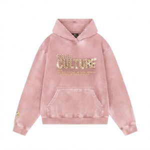 Oversized Hooded <b>Sweatshirt</b> Unisex <b>Pink</b> Glitter Print Rhinestone Logo Front Pocket Regular Fit Autumn Streetwear - Product Image 1