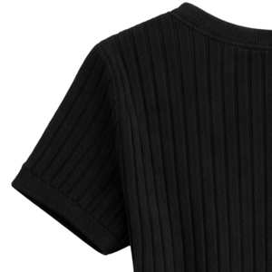 Blusa de Punto Acanalado con Cuello en V para Mujer, Manga Corta, Corte Ajustado, Informal, Otoñal, Suave, Elástica, con Botones, Elegante, para Uso Diario - Product Image 4