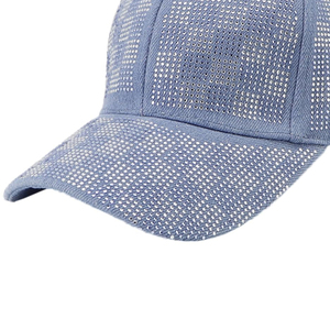 Gorra de béisbol unisex azul de malla con decoración de diamantes de imitación, de 6 paneles, ajustable, a la moda, para adultos, para primavera y verano, uso casual, imagen común - Product Image 1