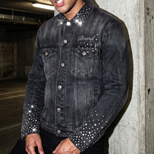 Luxury Washed Black Rhinestone <b>Denim</b> <b>Jacket</b> Heavyweight Cotton Trucker Streetwear Jean Coat for Men - Product Image 2