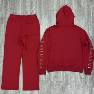 2026 OEM/ODM Custom Casual Vintage Baggy Acid Wash Men's Sweatshirt Set Flared Sweatpants Rhinestone Zipper Tracksuit for Men - Product Image 2