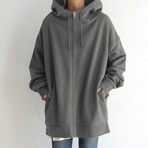 Sweat-shirt à capuche zippé surdimensionné pour femme, couleur unie, manches longues, tissé 100% coton respirant, streetwear d'hiver - Product Image 3