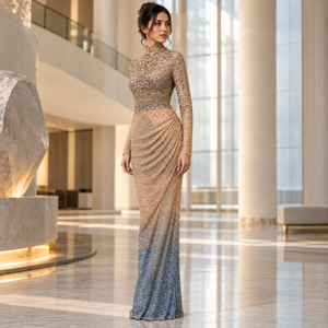 Radiant Champagne Gold to Blue Sequin Evening Gown | <b>High</b> Neck Long Sleeve Bodycon Floor Length <b>Dresses</b> <b>with</b> Draped Ruched <b>Waist</b> - Product Image 3