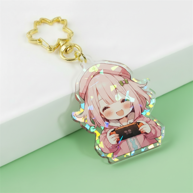 Custom Cartoon Character Rainbow Acrylic Keychain Color Gradient Keychain Holographic Broken Glass Stars