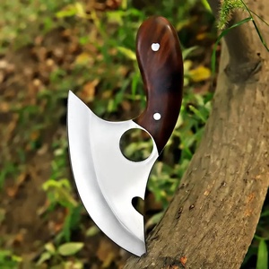 Hache à dépecer artisanale A&M Enterprises de style Ulu avec lame en acier poli, design à boucle pour le doigt et manche en bois de rose - Product Image 2
