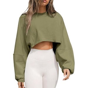 Top Corto de Mujer, Color Verde Oliva, Talla Grande, Manga Regular, Cuello Redondo, Tejido de Punto, Logotipo Estampado en la Parte Delantera, Ropa Casual de Invierno y Otoño - Product Image 4