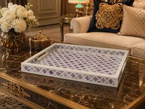 Plateau de service Art Déco classique de luxe en résine et MDF avec incrustations en os et poignée en métal poli pour mariage et Ramadan à prix économique - Product Image 6