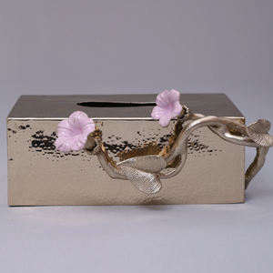 Boîte à mouchoirs en métal aluminium moderne avec accents floraux, organisateur d'accessoires de serviettes en métal de qualité, fournitures hôtelières, décoration - Product Image 6