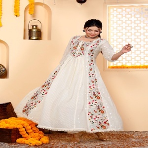 NIYANI Elegant <b>White</b> Cotton Anarkali Kurta Set Intricate Embroidery <b>Lace</b> Dupatta Stylish Regular Fit Ankle-Length Party Diwali - Product Image 1