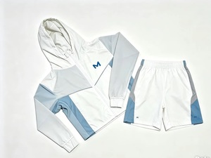 Ensemble de survêtement unisexe blanc et bleu à blocs de couleur, léger, respirant, avec short et manches longues, idéal pour l'été - Product Image 1