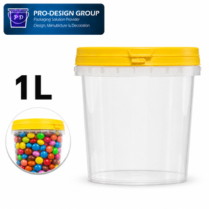 Seau en plastique de qualité alimentaire de 1 L avec poignée et couvercle plat pour l'emballage de bonbons, récipient rond pour confiserie, étanche - Product Image 1