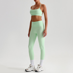 Women's Custom Free Logo Solid Seamless Breathable Four-Way Stretch High Waist Full Length Lightweight 2-Piece Sets Yoga Four-Wa - Product Image 3