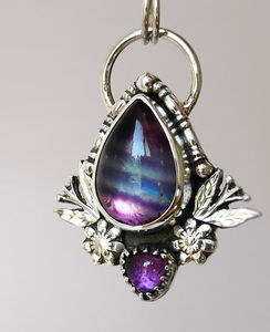 Anillo de Plata de Ley Hecho a Mano con Diseño Floral, Gema de Fluorita, Amatista Pequeña, Estilo Vintage, Joyería de Moda para Boda, Regalo para Mujer - Product Image 1