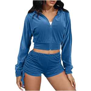 Conjunto de Sudadera Corta con Capucha y Pantalones Cortos para Mujer, con Logotipo Personalizado, Tejido Acanalado, Dos Piezas, Estilo Deportivo Informal, para Primavera y Otoño, Venta al por Mayor - Product Image 3