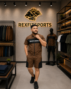 REXFIT SPORTS 2026 <b>Men</b>’s Brown Premium Nylon Short Sleeve Tracksuit Set Full Zip <b>Jacket</b> and Shorts <b>Lightweight</b> Sportswear - Product Image 4