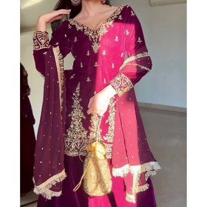 Party Wear <b>Red</b> Chiffon Top-Bottom and Dupatta Set with Embroidery 100% Polyester XL Size - Product Image 5