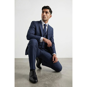 Traje de Negocios Azul Marino para Hombre, Cierre de un Botón, Solapa con Muescas, Chaleco de Tela de Poliéster Transpirable, Frente Plano, Estilo Británico - Product Image 4