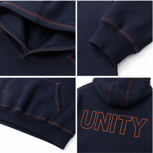 เสื้อฮู้ดดี้ผู้ชายผ้าฝ้ายฟลีซ 380GSM สีกรมท่า แต่งตะเข็บสีส้ม สไตล์สตรีทแวร์ แห้งเร็ว เป็นมิตรกับสิ่งแวดล้อม - Product Image 4
