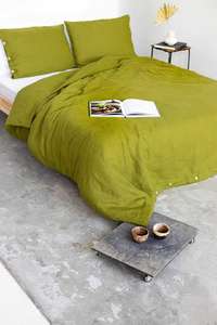 Parure de lit en coton 300 fils/m² vert mousse avec 2 taies d'oreiller, douce et lavée, pour hôtel et décoration de chambre à coucher - Product Image 2