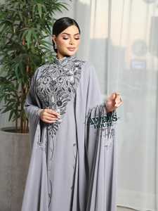 Avais House Women's Gray Modest Abaya High Neck Long Sleeve Floor Length Beaded Embroidered Plus Size Evening Party Wear - Product Image 6