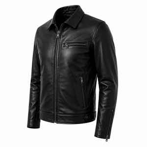 Blouson moto en cuir véritable noir, manches longues, col rabattable, fermeture éclair, coupe-vent, vêtement d'extérieur décontracté toutes saisons - Product Image 3