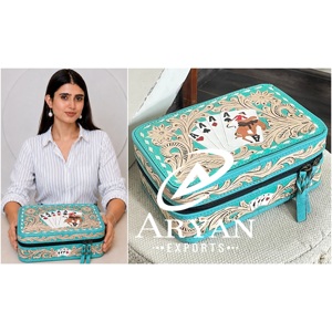 Caja de Joyería de Cuero Vacuno Auténtico Hecha a Mano Estilo Western Vintage con Patrón de Cartas de Póker y Flores Talladas, Organizador de Joyas - Product Image 1