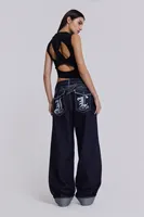 Jean en denim décontracté taille haute ample à jambe large imprimé léopard respirant et écologique style Y2K pour femme avec broderie logo personnalisée