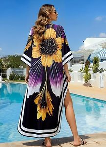 V Neck Floral Maxi Abaya <b>Dress</b> Three Quarter Sleeve <b>Loose</b> Fit Beach Wear Women's Polyester Modest Summer Style - Product Image 4