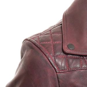 Women's Burgundy Genuine Leather Moto Jacket With Zipper Closure And Pockets Autumn Style - Product Image 5