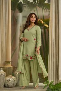 Salwar Kameez Traditionnel Indien et Pakistanais Brodé en Coton Vert Clair pour Femme, Coupe Ample, Longueur Cheville, Tenue Décontractée - Product Image 5