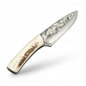Cuchillo de cocina artesanal de acero grabado en 3D con mango de hueso de ciervo, herramienta de exhibición - Product Image 4