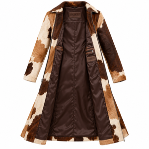 Caramel Brown Cowhide Fur Leather Trench <b>Coat</b> Front Zip Long <b>Duster</b> <b>Womens</b> Outerwear Oem Factory Supplier - Product Image 5