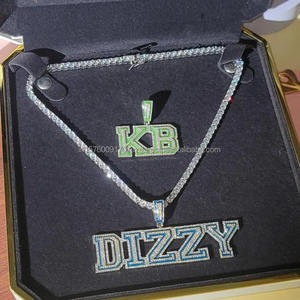 Collier pendentif Hip Hop Blue Moissanite Diamond "DIZZY" plaqué or blanc, chaîne tennis, bijoux pour homme - Product Image 4