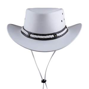 Sombrero de cuero marrón oscuro desgastado estilo Outback con corona plana, banda trenzada y ojales de latón - Product Image 5