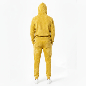 Ensemble survêtement homme jaune moutarde délavé avec logo personnalisé, sweat à capuche et pantalon de jogging en molleton épais, style streetwear, service OEM - Product Image 2