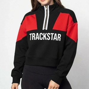 Women Cropped Quarter Zip Sweatshirt Dark Green Beige Colorblock Trackstar Graphic Casual Long Sleeve Sportswear Activewear - Product Image 5