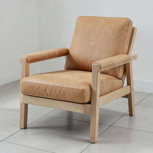 Sillón de Cuero Vacuno Genuino de Primera Calidad, Estructura de Madera Maciza, Sillón Moderno con Brazos, Asiento de Cuero Real para Sala de Estar - Product Image 1