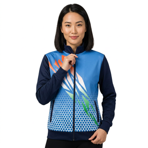 Chaqueta Deportiva Unisex Larga con Estampado Geométrico, Cierre de Cremallera, Transpirable, Ecológica, Estilo Deportivo, Azul Marino, Sublimación - Product Image 4
