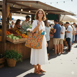 Sac fourre-tout matelassé imprimé 100 % coton fait main avec motifs floraux et cactus, léger, pour le shopping et l'usage quotidien, avec longues poignées - Product Image 1