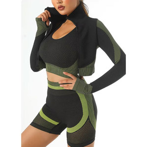 High Waist 2 Piece Yoga Set Seamless Eco-Friendly Black Green Contrast <b>Mesh</b> Crop <b>Top</b> Racerback Sleeveless Shorts Breathable - Product Image 2