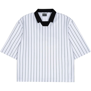 เสื้อโปโลแขนสั้นลายทางสำหรับผู้ชาย ผ้าทอ ทรงสมาร์ทแคชชวล ทรงปกติ ปกสีขาว สีน้ำเงินกรมท่า - Product Image 3