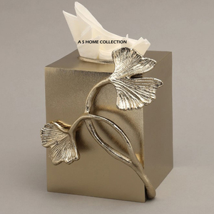 Boîte à mouchoirs carrée plaquée or avec motif feuille de Ginkgo, artisanale, accessoires de salle de bain - Product Image 1
