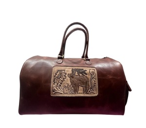 Western Style Leather Duffel Carryall Tooled Design Travel Holdall Cabin <b>Luggage</b> Weekend Trip Storage Bag Utility Use - Product Image 3