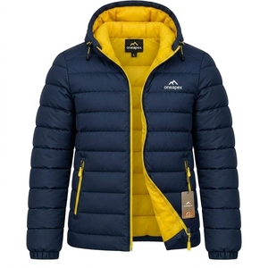 Men's Navy Blue With <b>Yellow</b> Zipper Hooded <b>Puffer</b> <b>Jacket</b> Warm Quilted Winter Outdoor Coat Lightweight Waterproof <b>Jacket</b> One Apex - Product Image 3