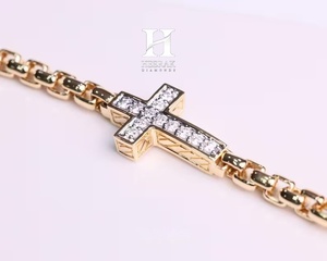 สร้อยข้อมือทองคำ 14K สุดหรูสำหรับผู้ชาย ประดับเพชรเพทายเต็มวง พร้อมจี้รูปกางเขน สไตล์ศาสนา ดีไซน์โซ่กลมหนา - Product Image 6