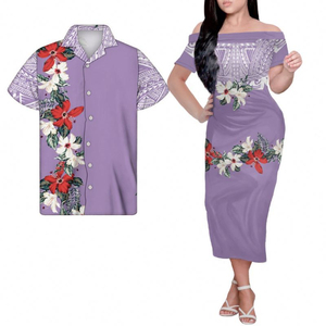 2026 <b>Custom</b> Vintage Couple Dress for Men and Women Solid Polynesian Short Sleeve Crew Neck Maxi Dress - Product Image 1