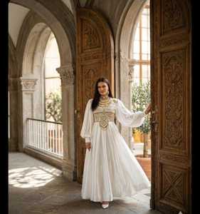 Luxurious <b>White</b> Silk Long <b>Maxi</b> Dress Featuring Intricate Gold Thread Embroidery On Bodice And High Neck With Oversized Billowing - Product Image 5