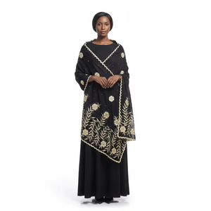 Écharpe en Chiffon Brodé de Motifs Floraux Africains - Châle Traditionnel Orné de Strass Dorés - Élégant Voile Festif Aso Ebi - Product Image 1